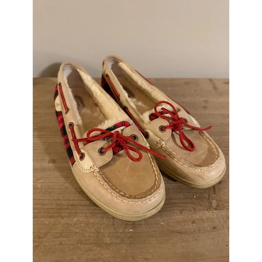 Sperry‎ Top-Sider Womens Boat Shoes Tan Leather Buffalo Plaid Faux Fur Lined 9